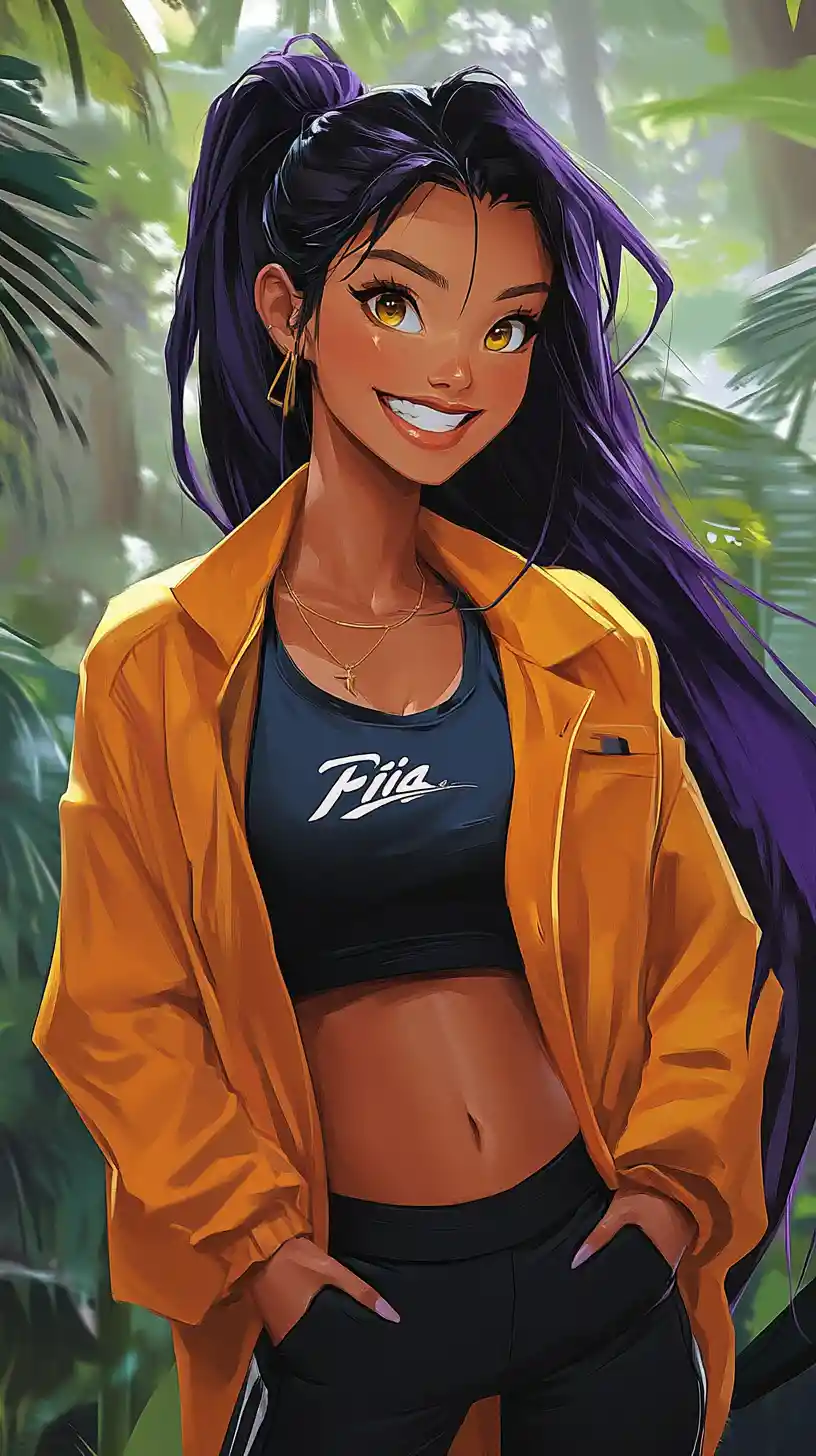 Cheerful girl portrait with golden eyes in forest mountains
