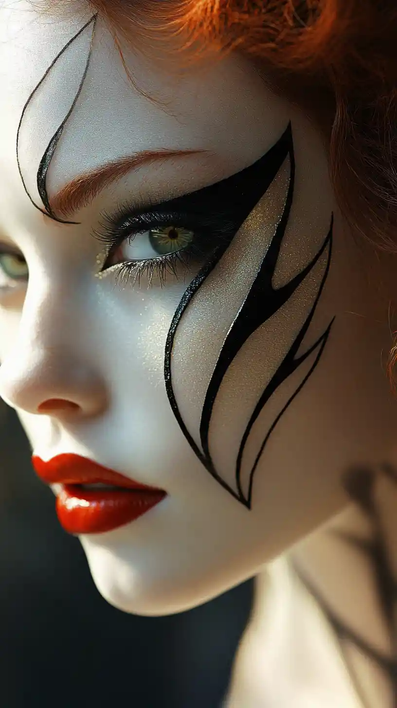 Mysterious woman portrait with geometric makeup and golden glow