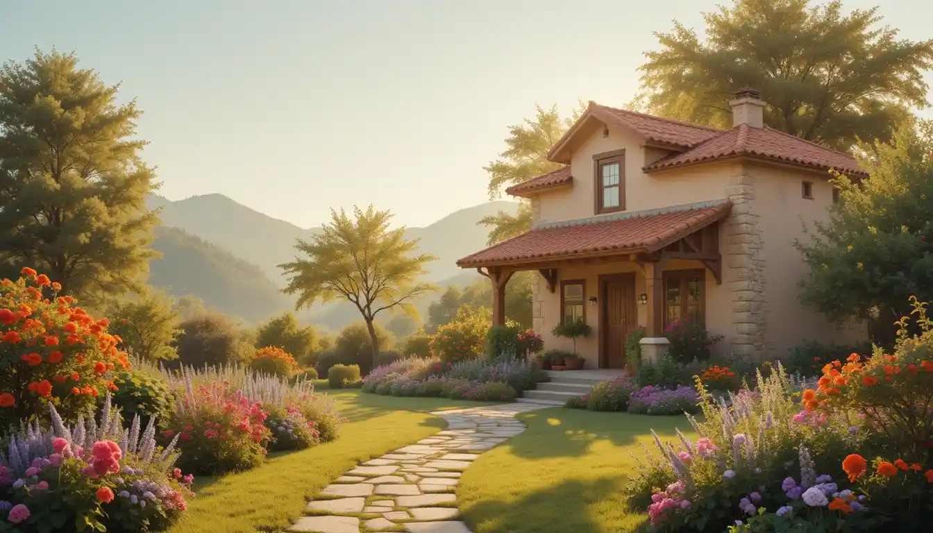 Aconchegante casa de jardim com flores na luz dourada e quente do sol