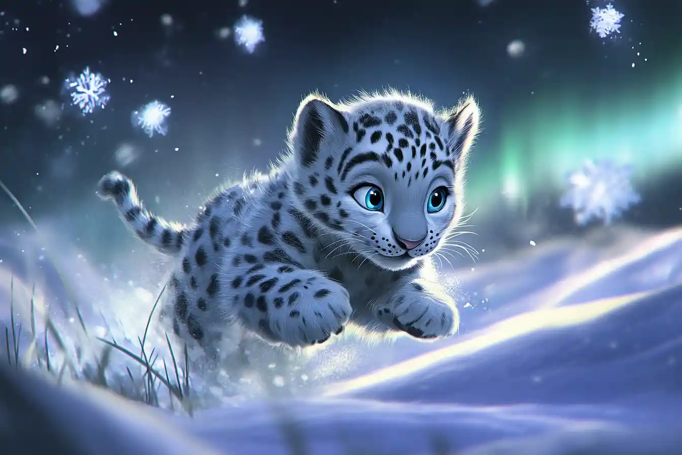 Cucciolo di leopardo delle nevi giocherellone che balza verso scintillanti fiocchi di neve