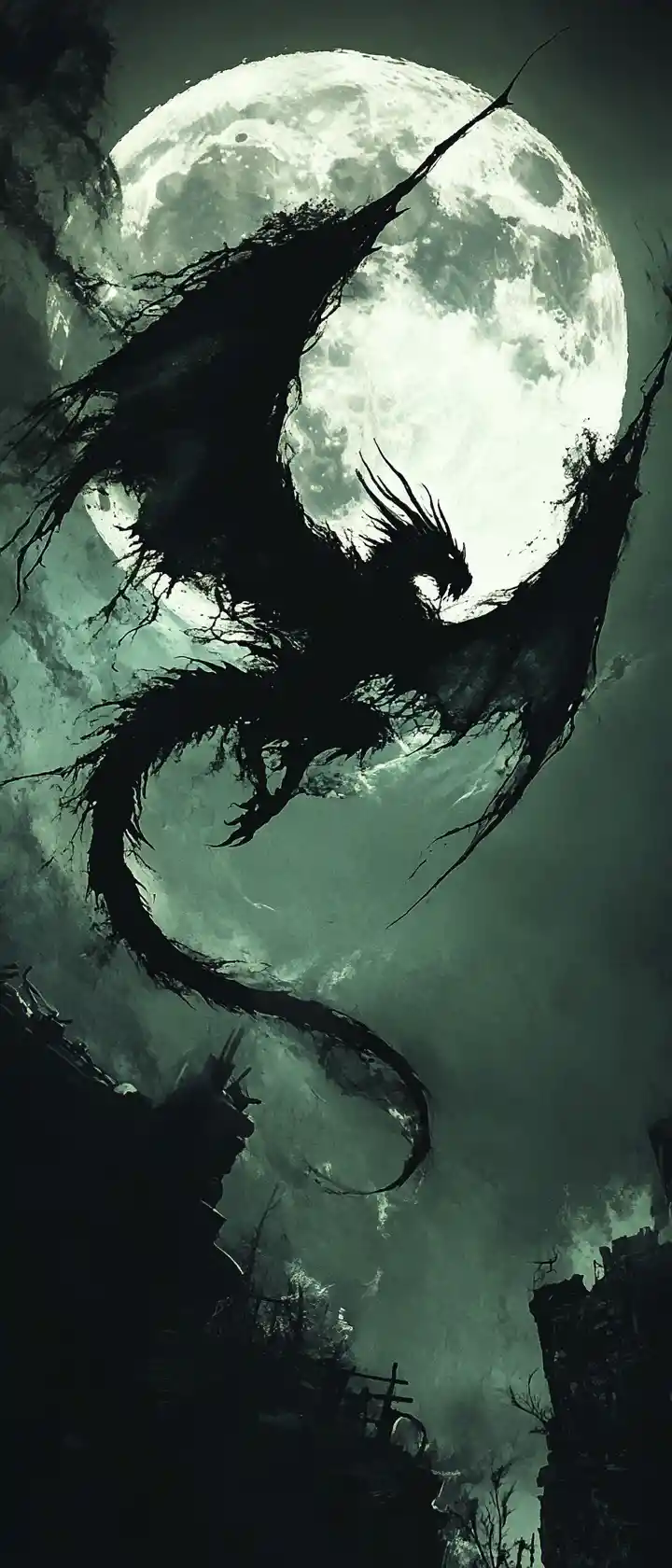 Gigantischer Drache fliegt vor einem leuchtenden Vollmond