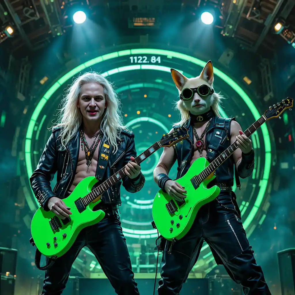 Rock duo performing on a futuristic neon lit stage