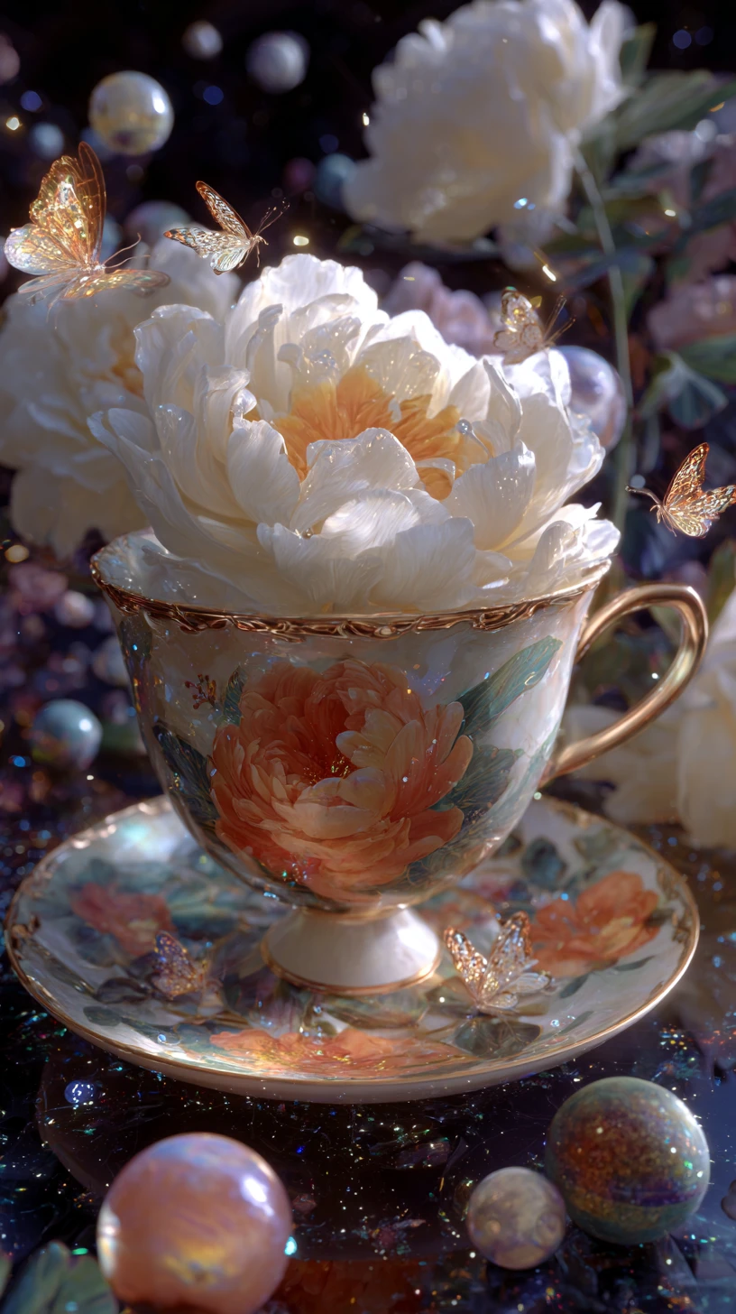 Close-up de uma xícara de porcelana com flores em plena floração