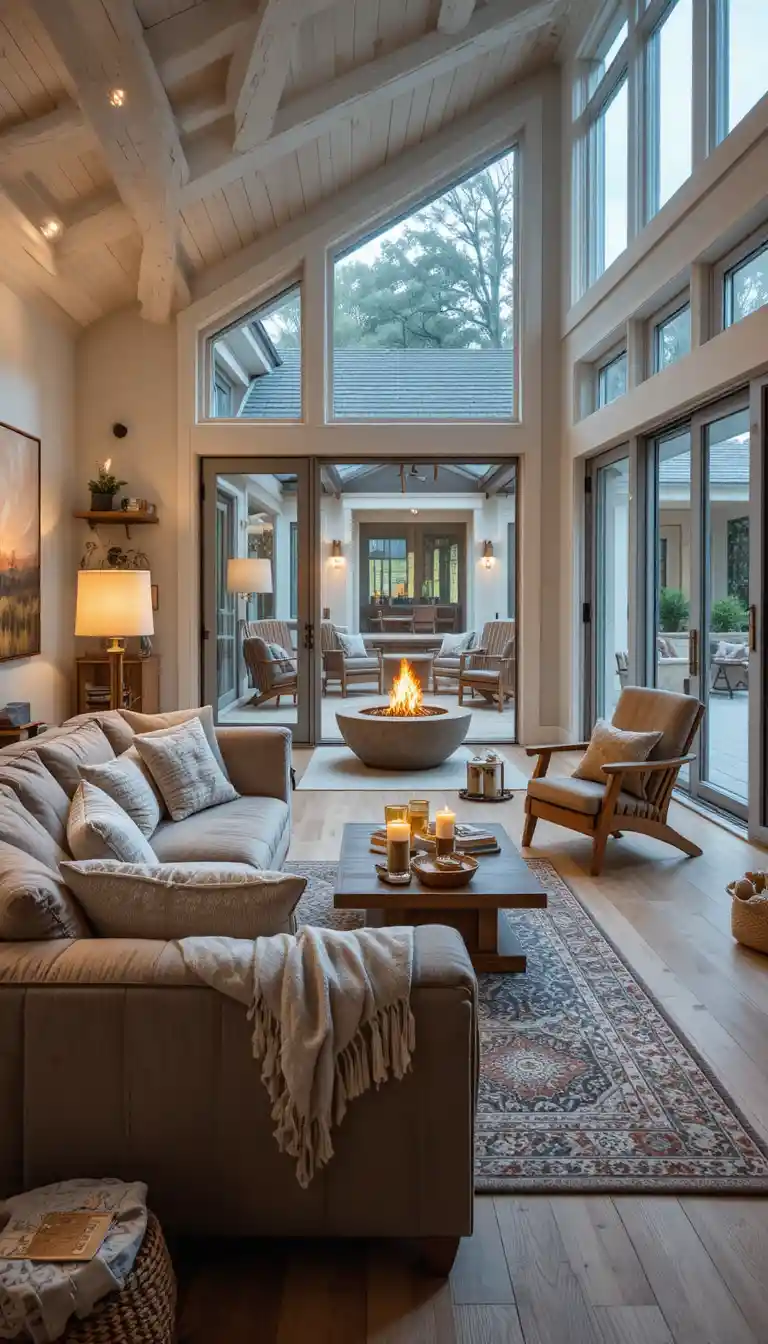 Cozy farmhouse living room opening onto a warm fire terrace