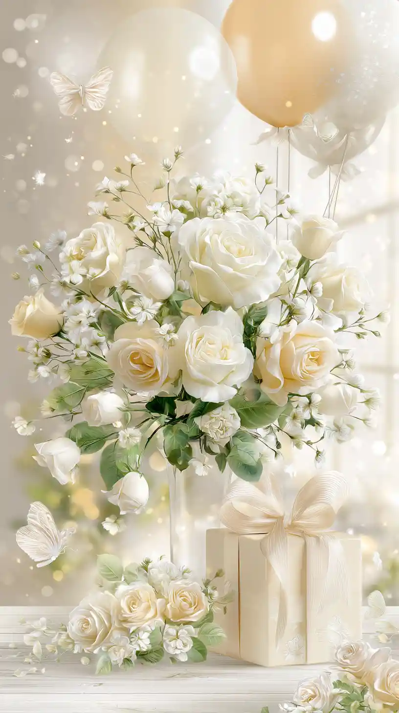 Elegant white rose bouquet with balloons and gift box