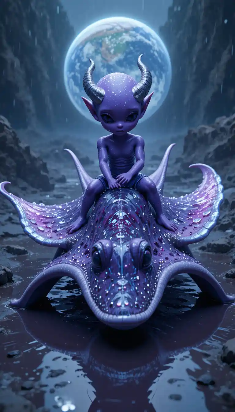 Purple alien riding a silver manta ray toward Earth