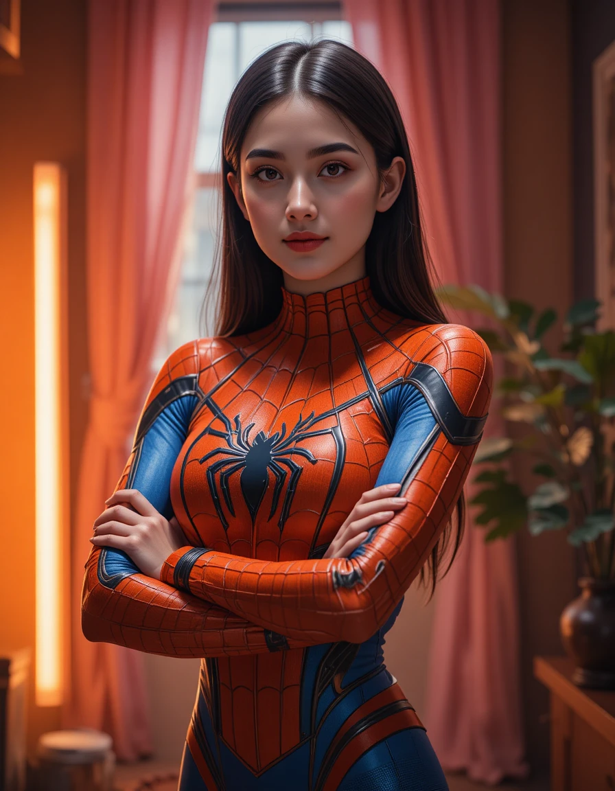 따뜻한 스튜디오에서 거미 콘셉트 보디수트를 입은 자신감 있는 여성