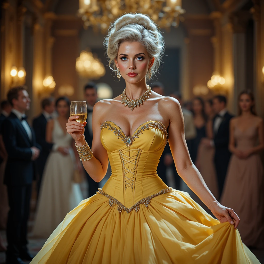 Élégante femme mûre en robe de bal jaune marchant dans la salle de bal