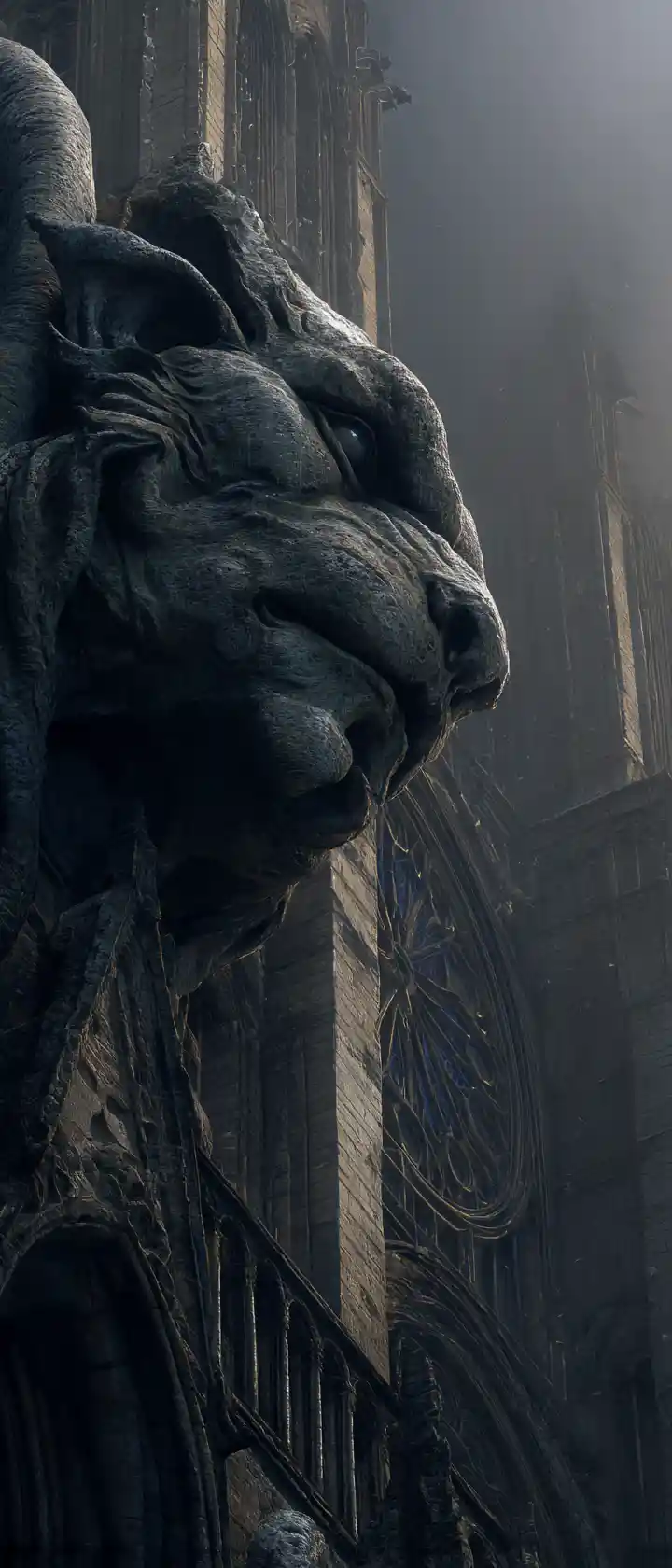 Ancient Gargoyle On Crumbling Gothic Cathedral At Night