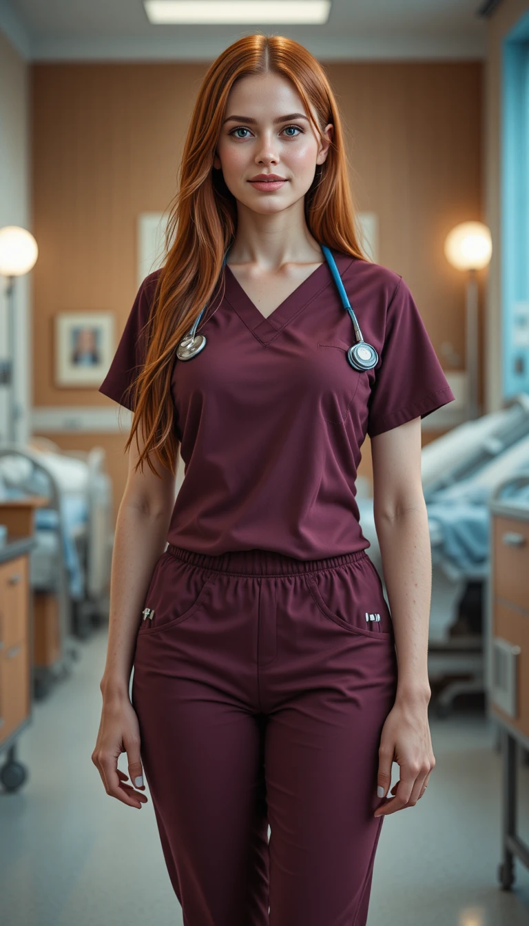 Red haired nurse in maroon scrubs standing in hospital room