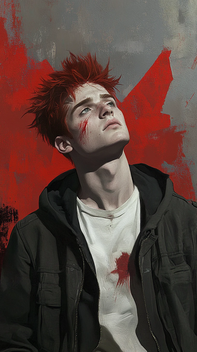 Young man with red hair in melancholic graphic portrait