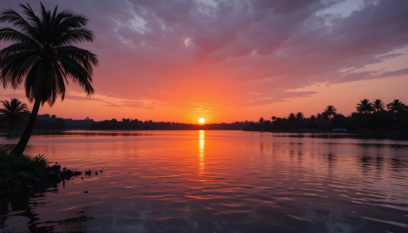 Rivière paisible reflétant un coucher de soleil doré avec silhouettes de palmiers