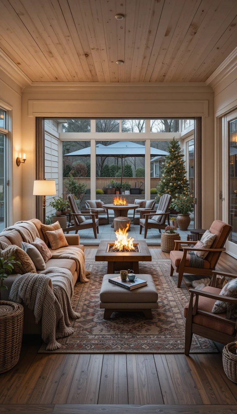 Gemütliches modernes Wohnzimmer mit Zugang zu einer warmen, feuerbeleuchteten Terrasse