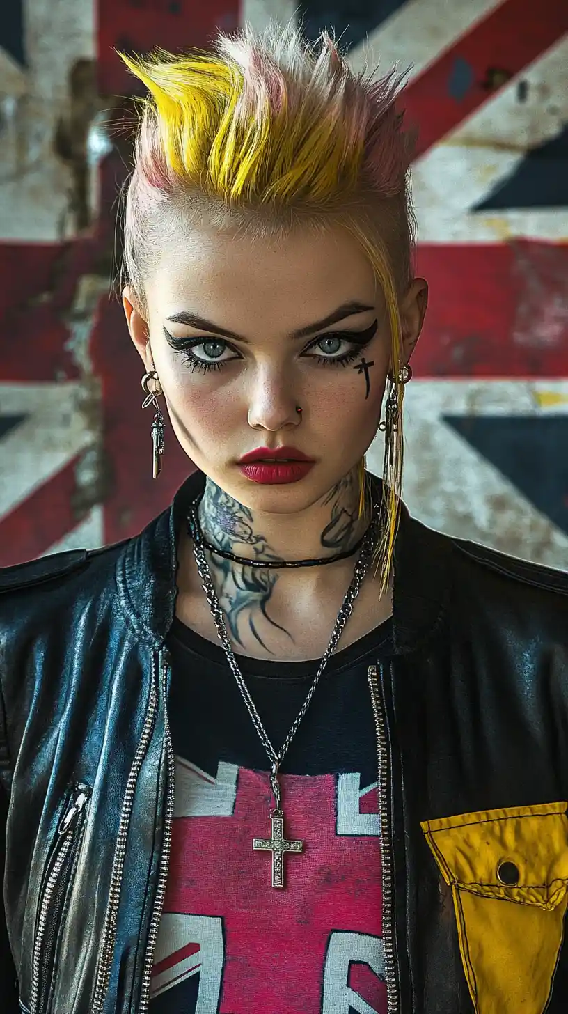 Punk girl with mohawk against painted union jack flag