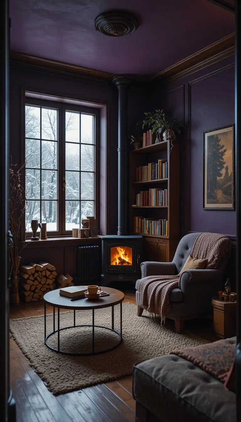 Cozy reading corner with firelit stove and snowy window