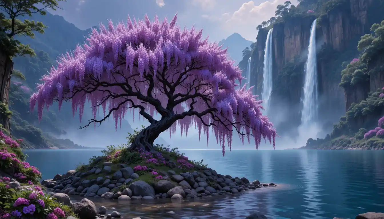 Cascate viola surreali con albero di glicine accanto a un lago tranquillo