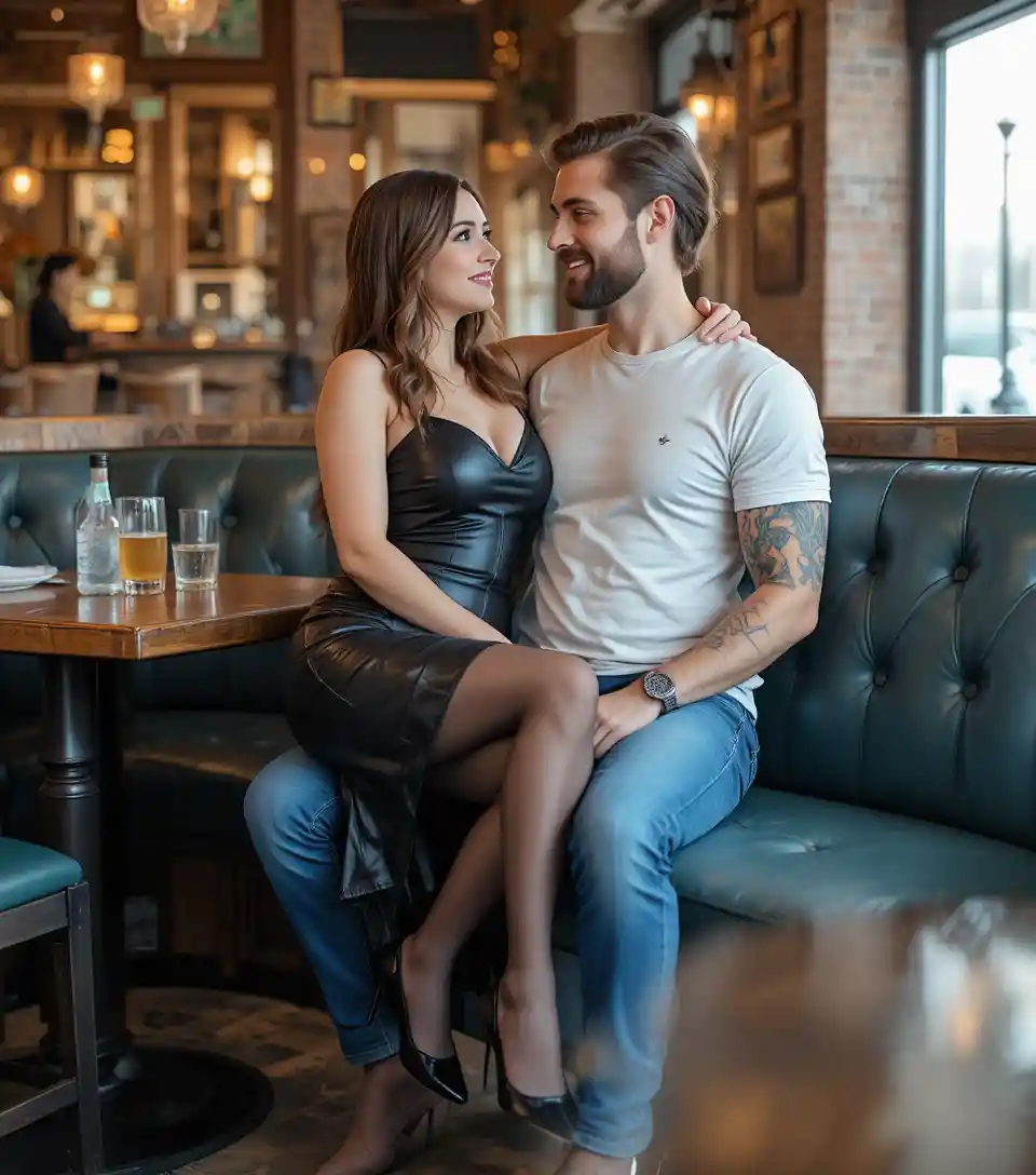 Mulher sentada no colo do namorado em um restaurante