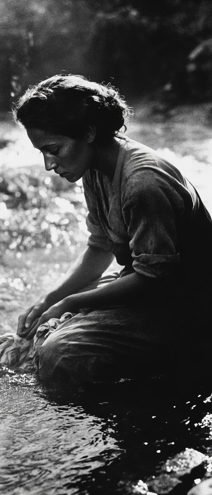 Woman washing clothes by hand on a quiet riverbank