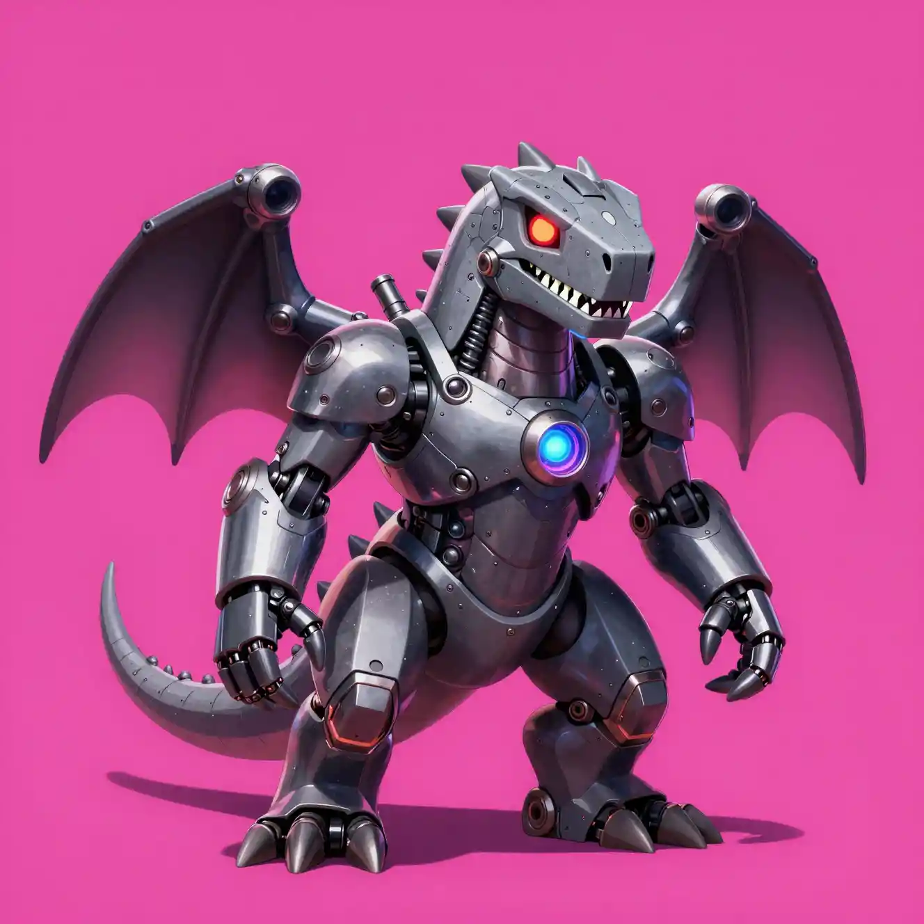 Niedlicher biolumineszenter Cyborg-Dinosaurier mit Metallflügel-Kanonen