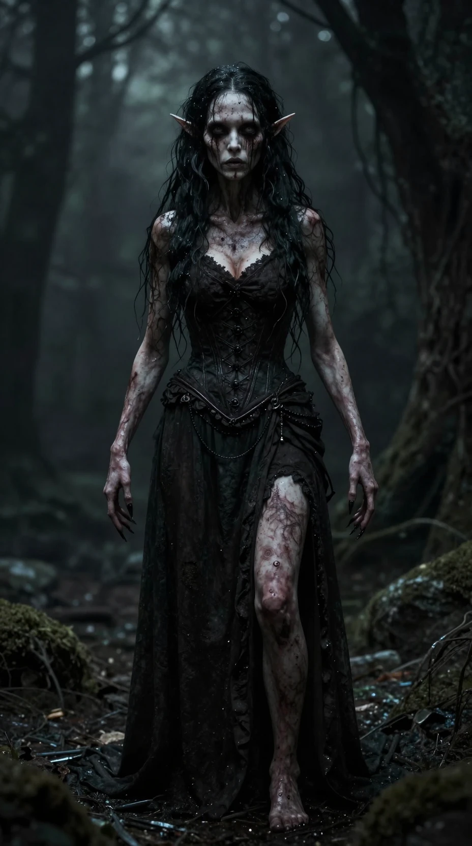 Monstro aterrorizante em uma cena sombria de horror cinematográfico