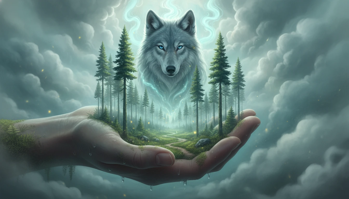 Espírito místico de lobo surgindo de uma floresta de palmeiras