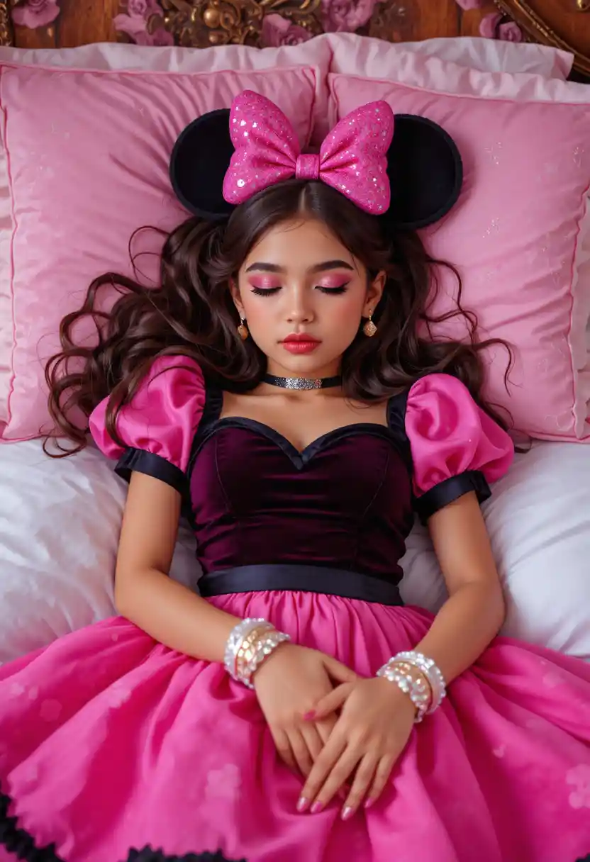 Young boy in pink dress sleeping in a poster bed