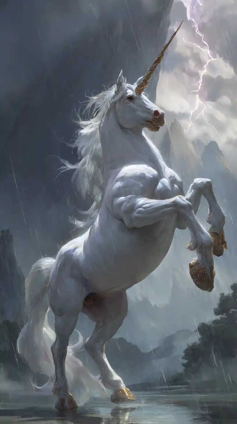 Weißes Einhorn richtet sich im Sturm vor dunklen Bergen auf