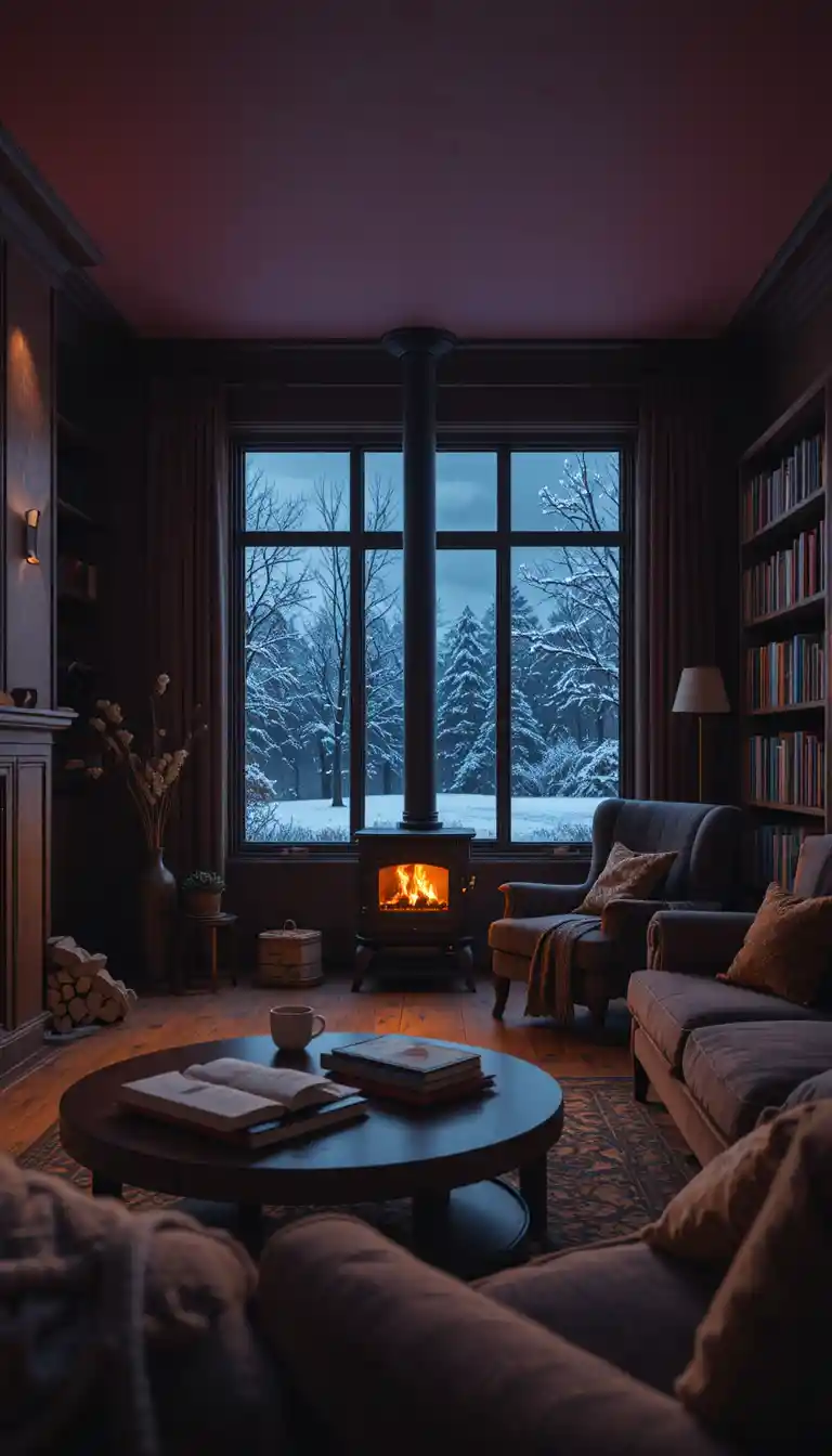 Cozy reading corner with firelit stove and snowy night window
