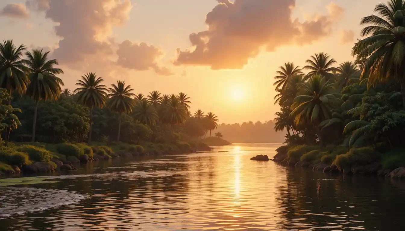 Coucher de soleil doré sur une rivière calme avec des palmiers ondoyants