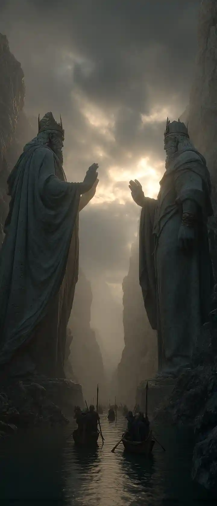 Colossal stone guardians above a narrow sea passage
