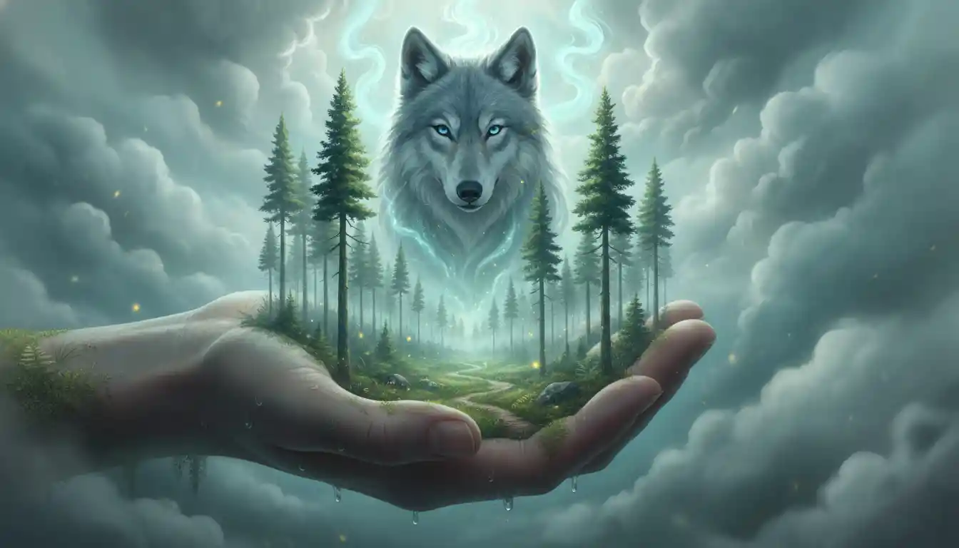 Espírito místico de lobo surgindo de uma floresta de palmeiras