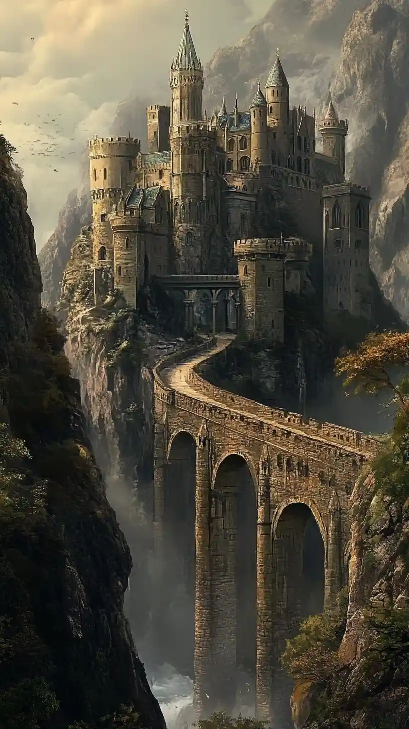 Castelo gótico de fantasia no topo de uma montanha rochosa