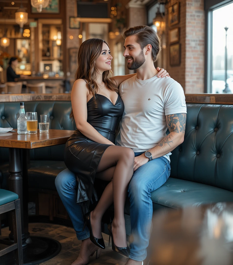 Mulher sentada no colo do namorado em um restaurante