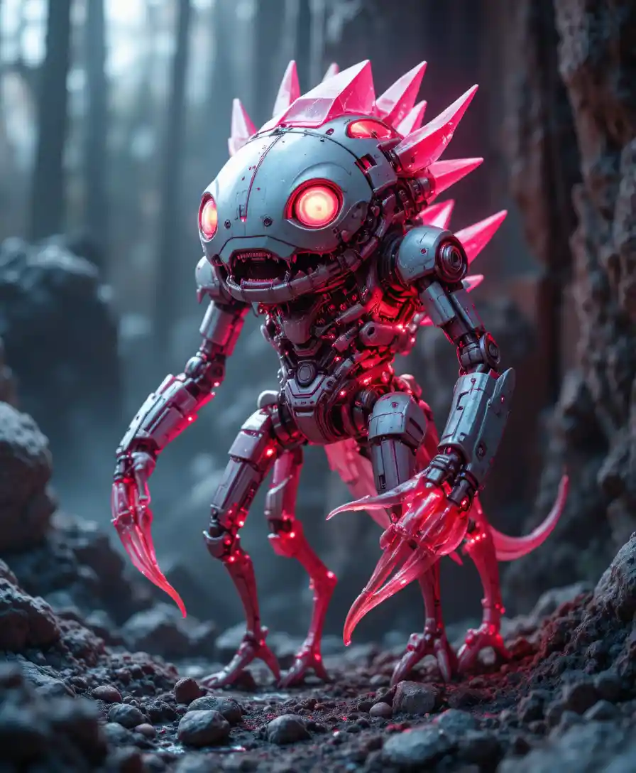 Monstro kawaii neon com pernas mecânicas longas e finas