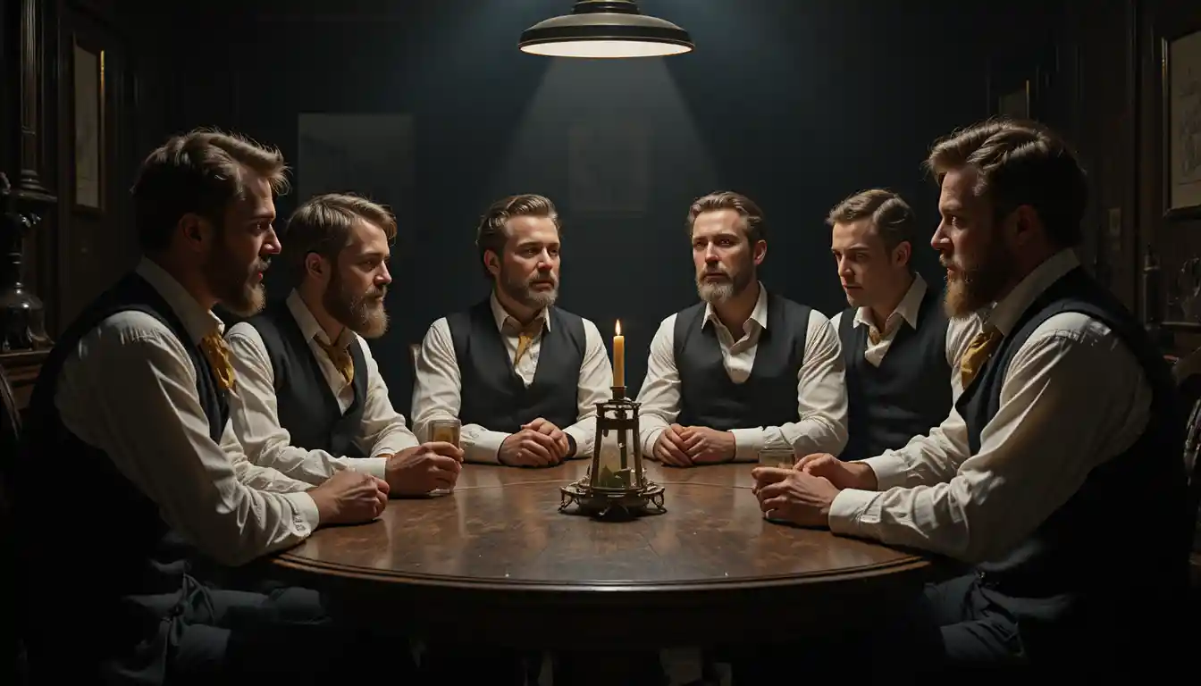 Männer in historischer Kleidung sprechen an einem kerzenbeleuchteten Tisch