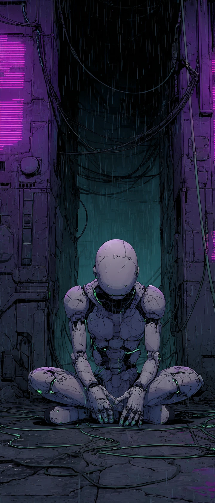 Android abandonné recroquevillé dans un sombre couloir sci-fi néon