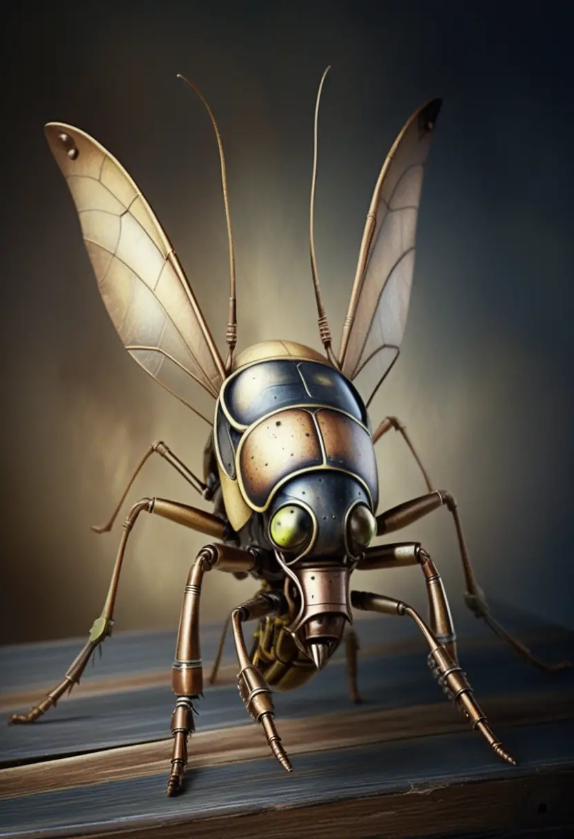 Hyperrealistische Steampunk-Kricketmaschine auf Holzsockel