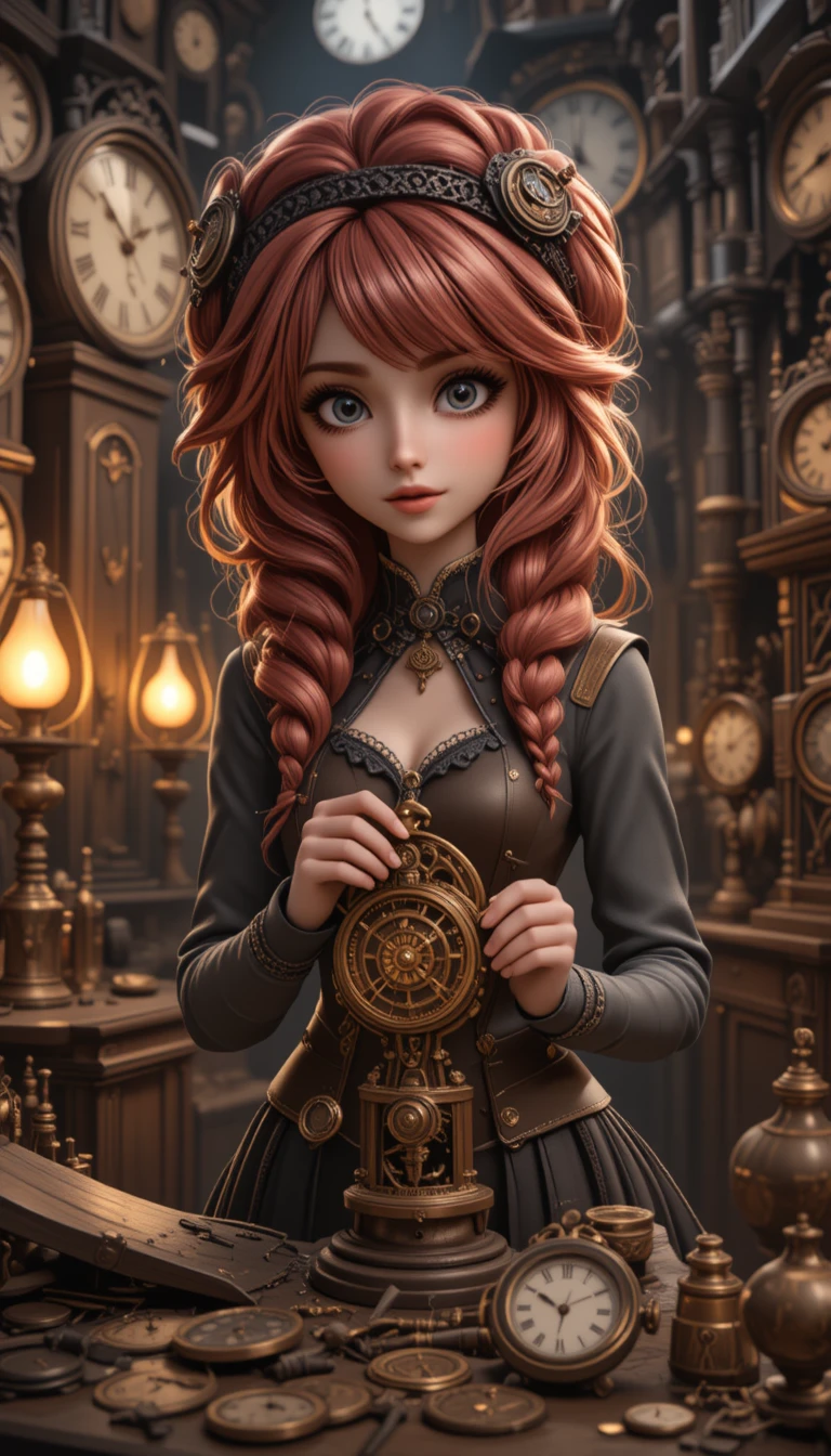 Steampunk woman repairing clocks in a warm vintage workshop