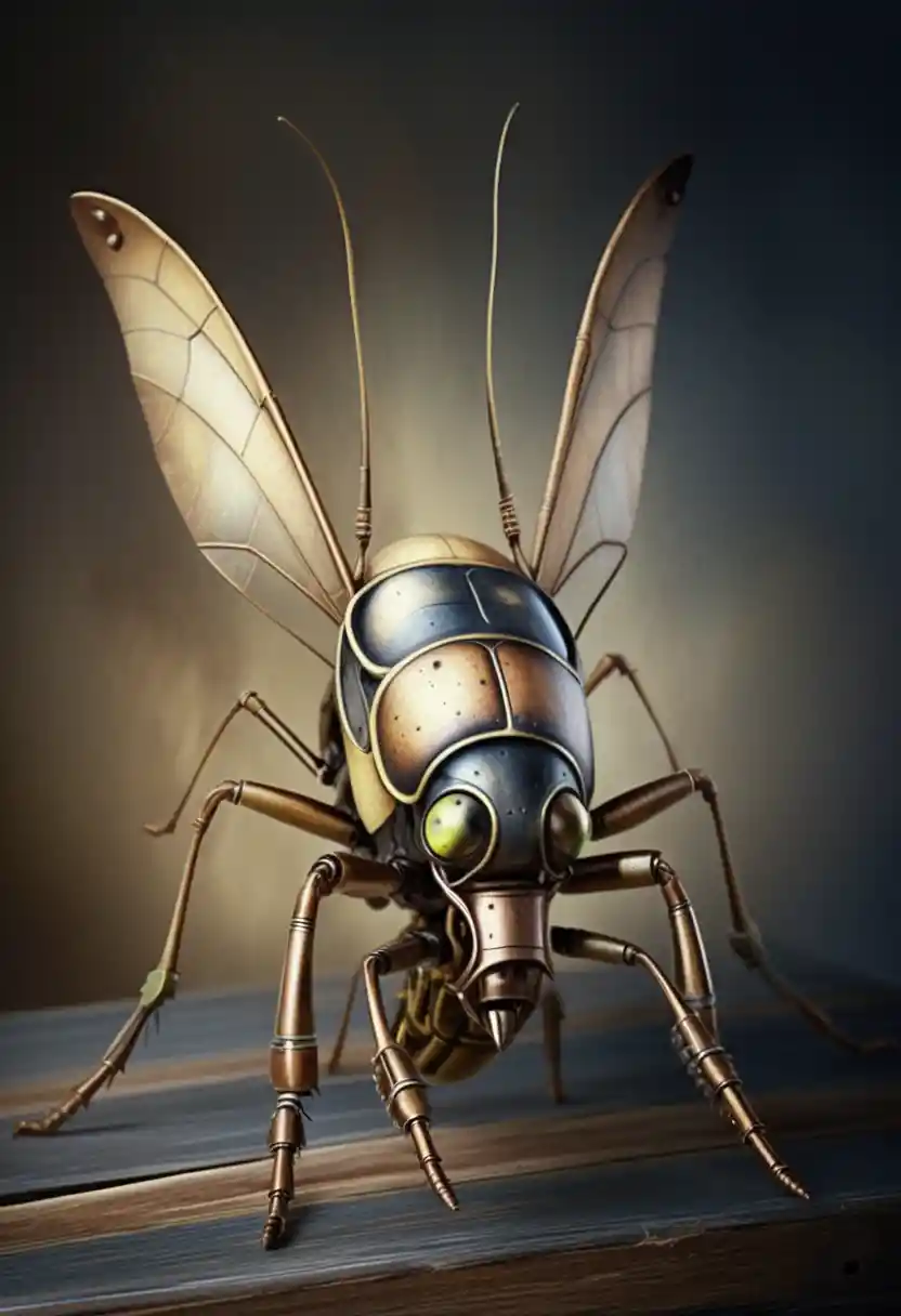 Hyperrealistische Steampunk-Kricketmaschine auf Holzsockel
