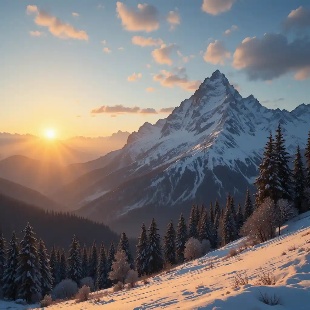 Nascer do sol sobre os Alpes suíços nevados com árvores e céu radiante