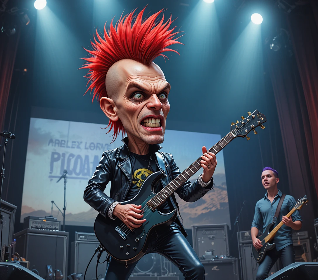 Chitarrista foca punk che fa rock su un palco buio
