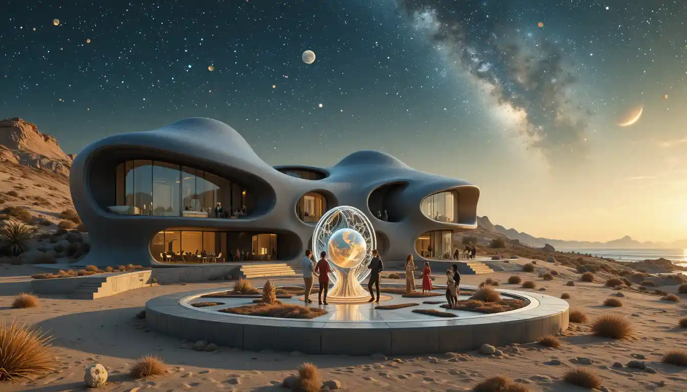 Villa moderna nel deserto con pareti di vetro e dettagli LED