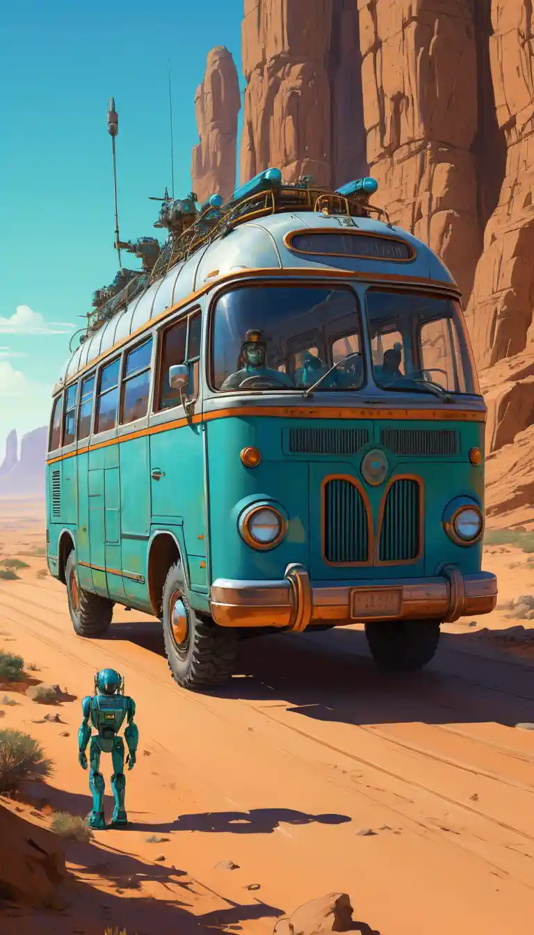Giant mechanical bus striding through a bright desert