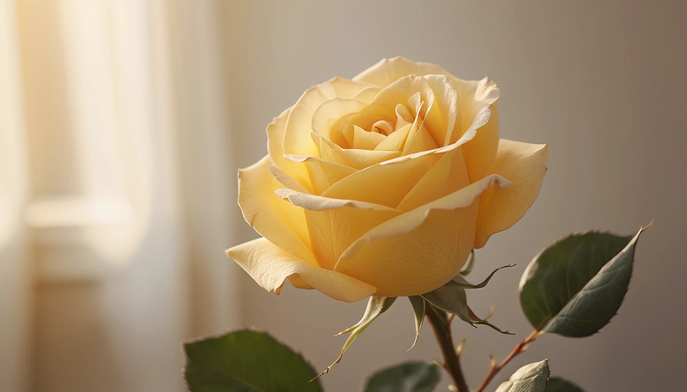 Rosa gialla nella delicata luce del mattino con messa a fuoco morbida