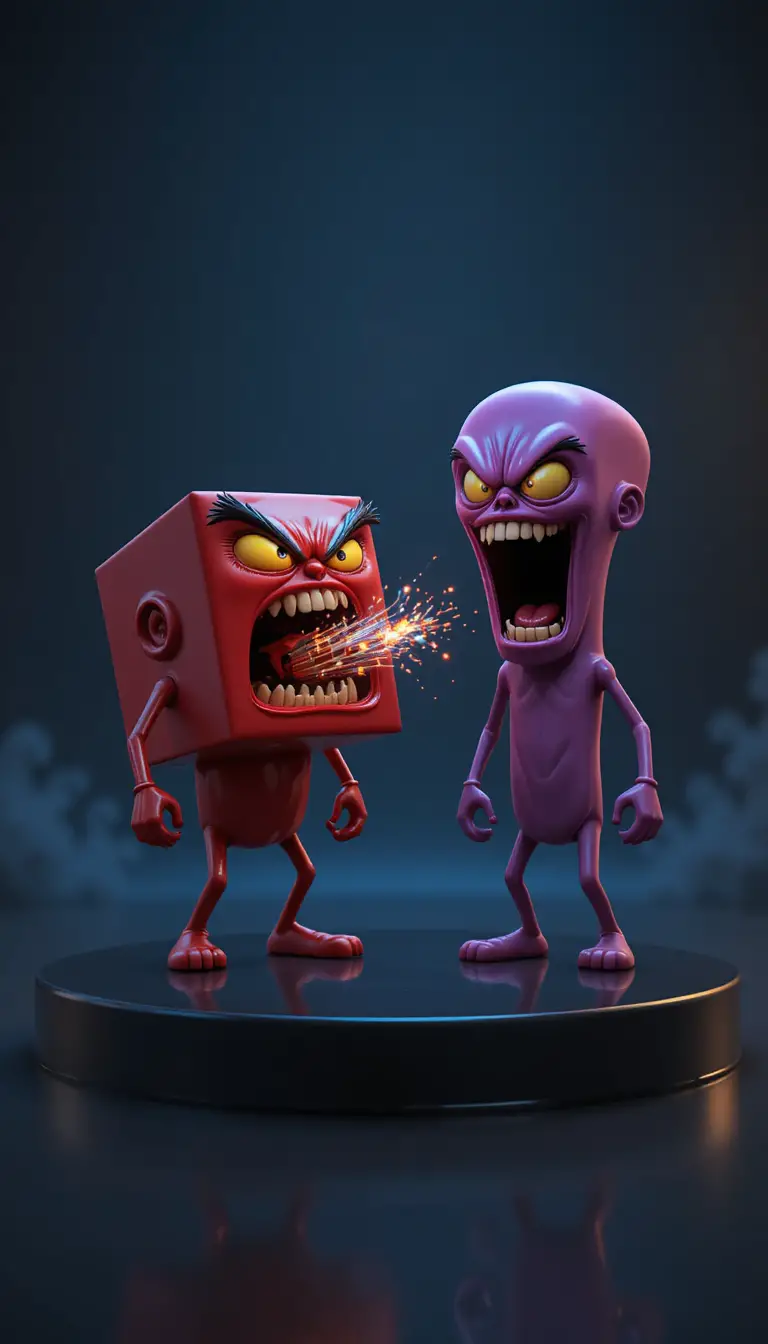 Cartoon cube monster biting exploding fireworks beside screaming cylinder