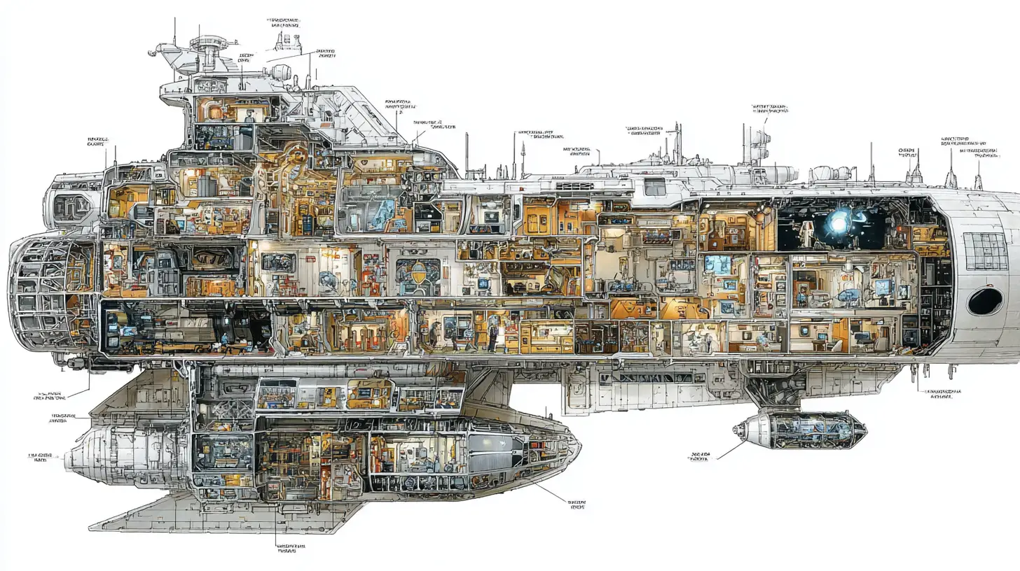 Coupe transversale d’un vaisseau spatial gigantesque avec ponts et quartiers d’habitation
