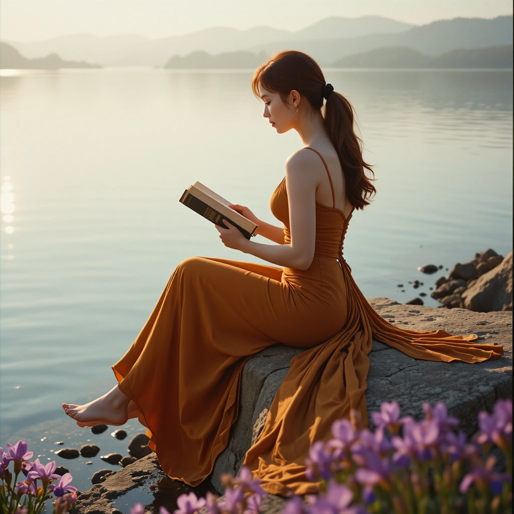 Giovane donna che legge sulla riva calma del lago all’alba