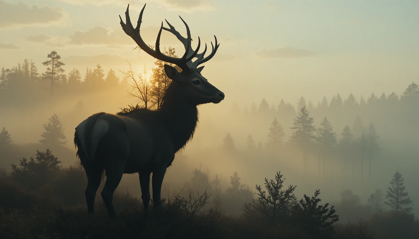 Cerf élaphe en double exposition avec silhouette de forêt brumeuse