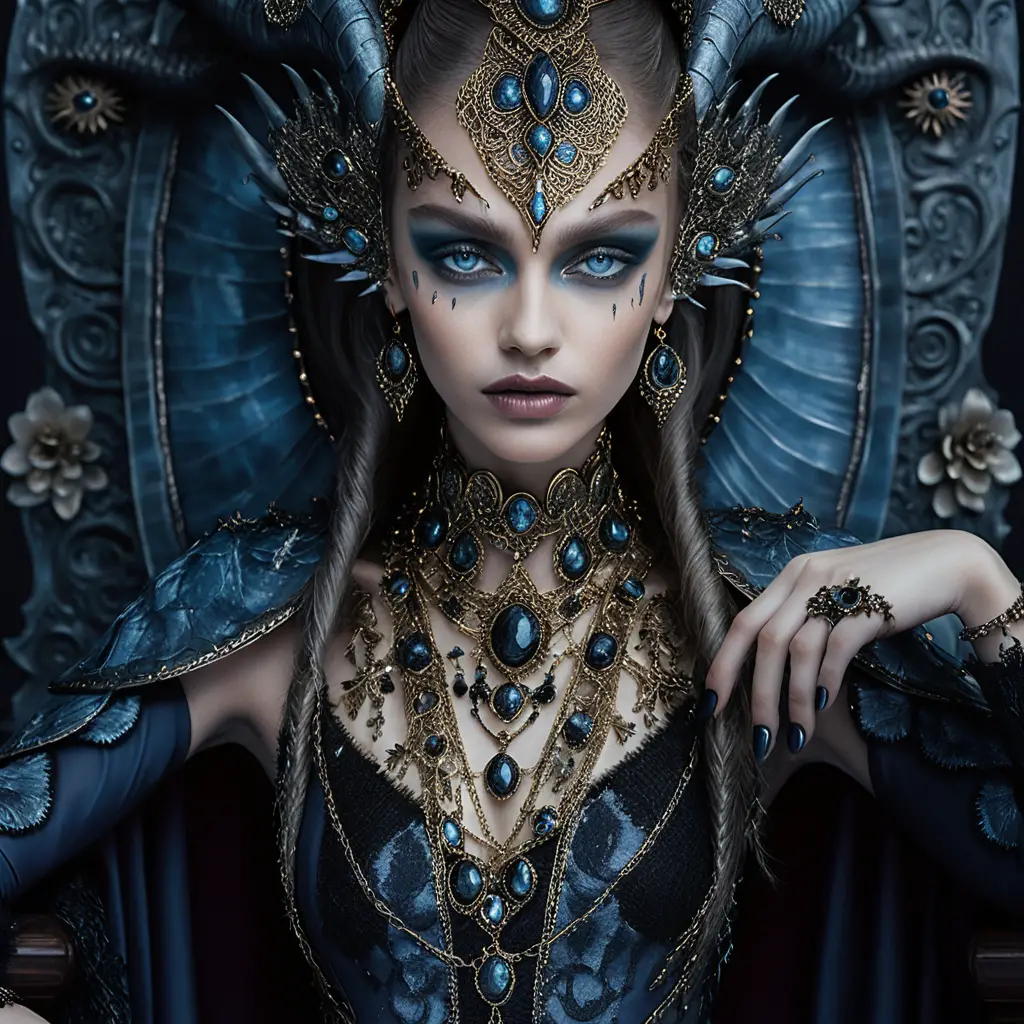 Rainha demoníaca em trono barroco em retrato de fantasia sombria