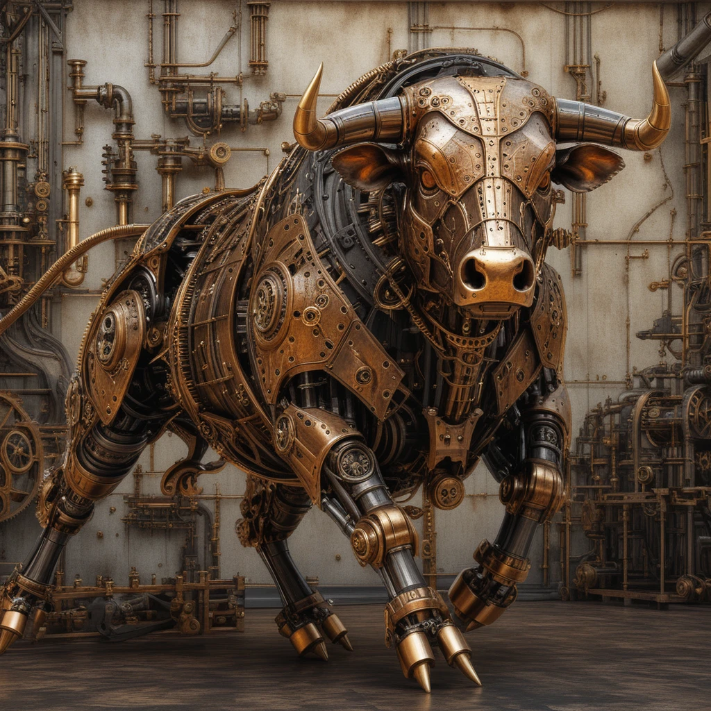 Escultura de touro mecânico steampunk em perfil lateral dinâmico